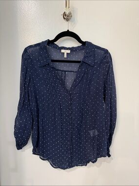 Joie Navy Sheer Blouse with White Dots